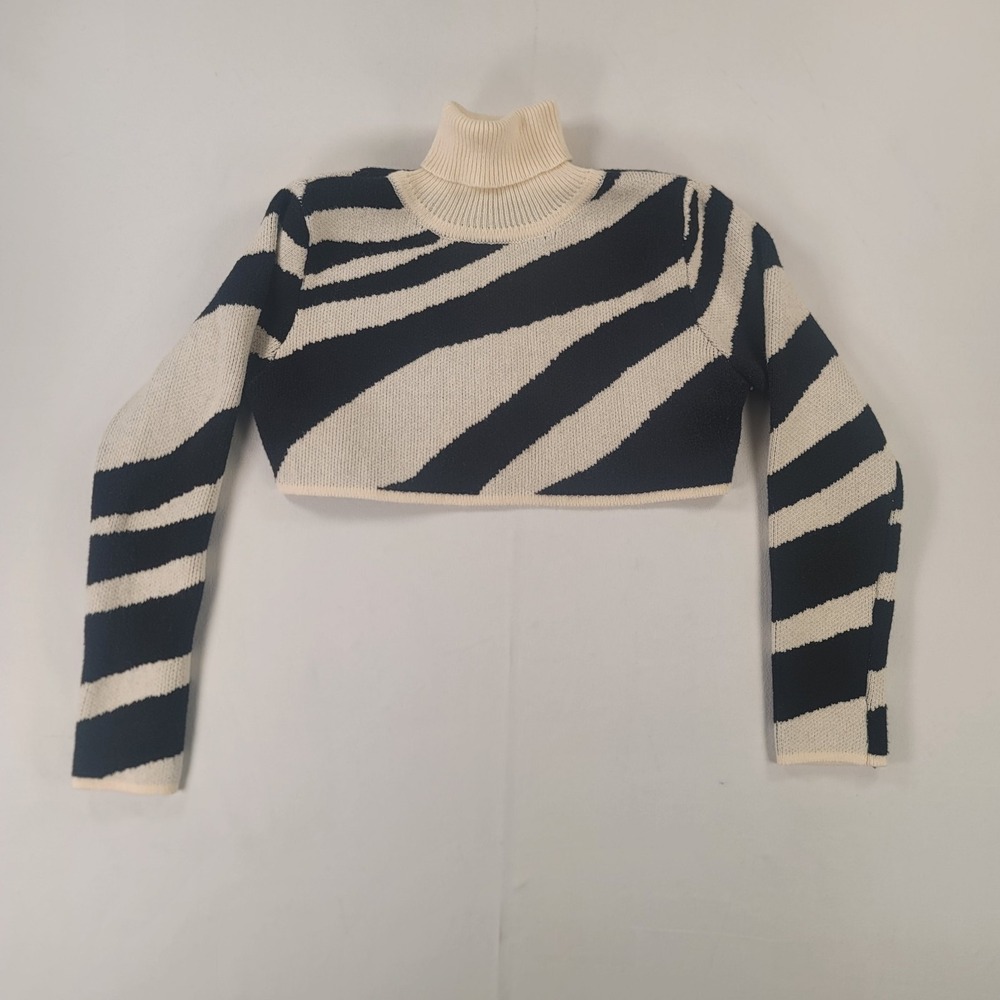 Zebra Print Cropped Turtleneck Sweater Black White Knit Women's XXS XS Unbranded